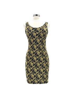 Vintage Area Code Womens Large Dress Mini Gold Black Floral Party Nineties
